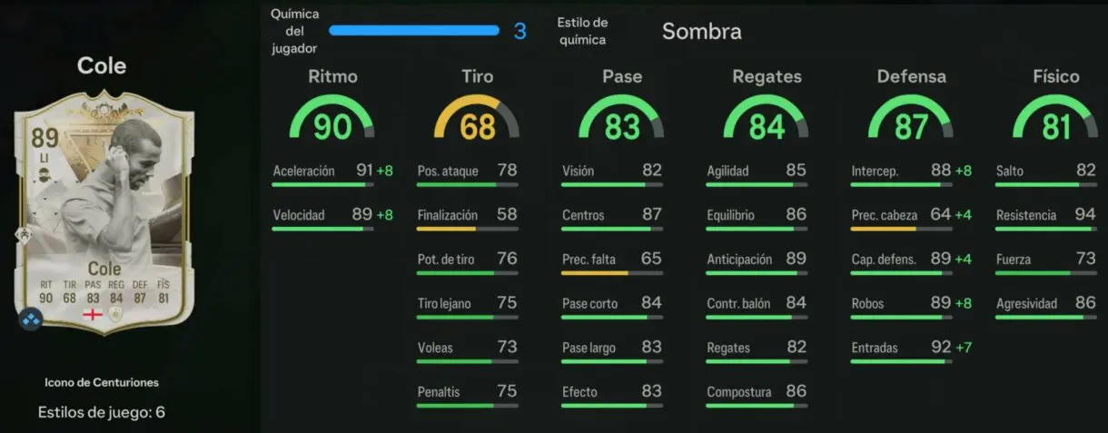 Stats in game Cole Icono de Centuriones EA Sports FC 24 Ultimate Team