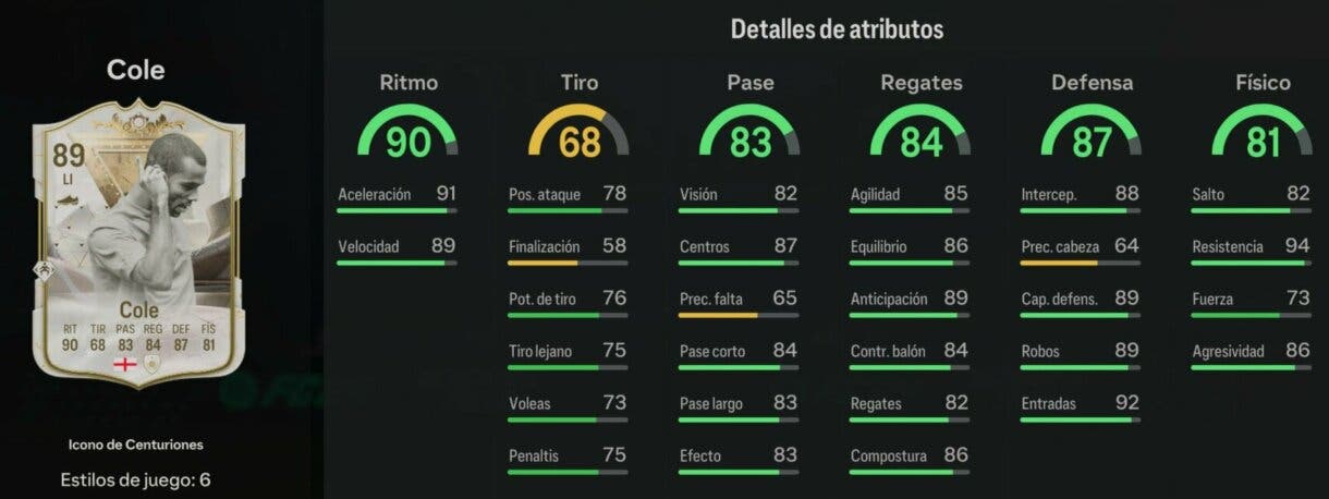 Stats in game Cole Icono de Centuriones EA Sports FC 24 Ultimate Team