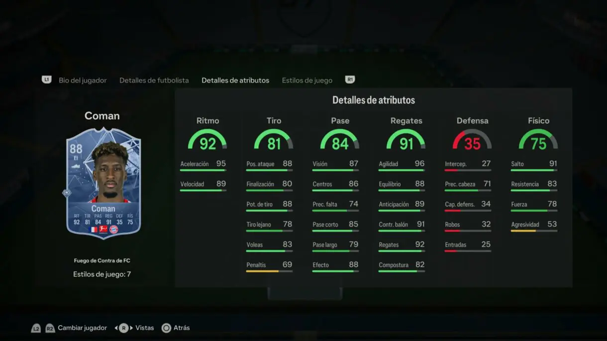 Stats in game Coman Fuego de Contra de FC EA Sports FC 24 Ultimate Team