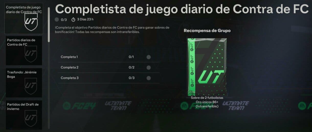 Menú objetivos mostrando el Completista de juego diario de Contra de FC EA Sports FC 24 Ultimate Team