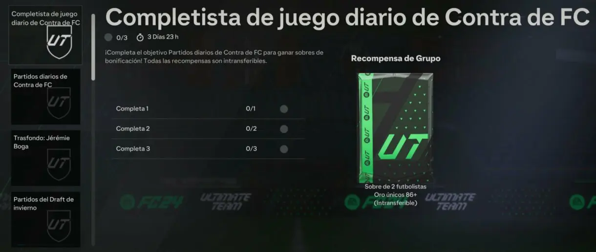 Menú objetivos mostrando el Completista de juego diario de Contra de FC EA Sports FC 24 Ultimate Team