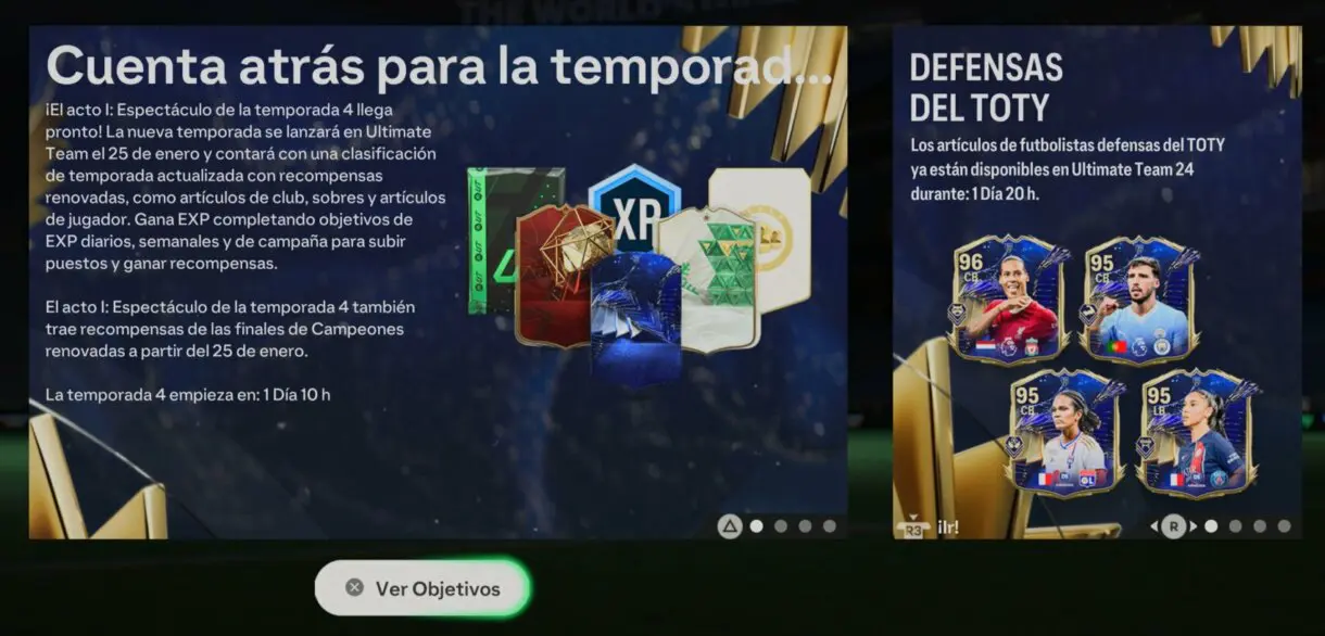 Mensaje cuenta atrás para la temporada 4 desde el menú general de EA Sports FC 24 Ultimate Team