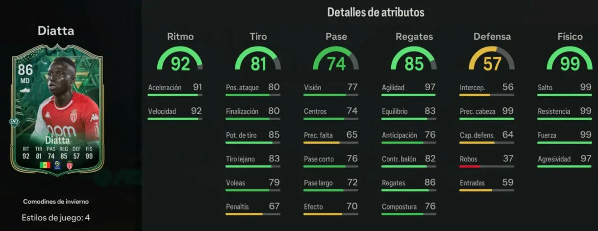 Stats in game Diatta Winter Wildcards EA Sports FC 24 Ultimate Team