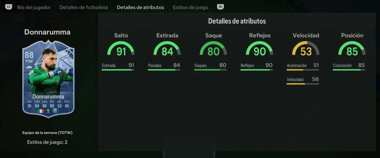 Stats in game Donnarumma SIF EA Sports FC 24 Ultimate Team
