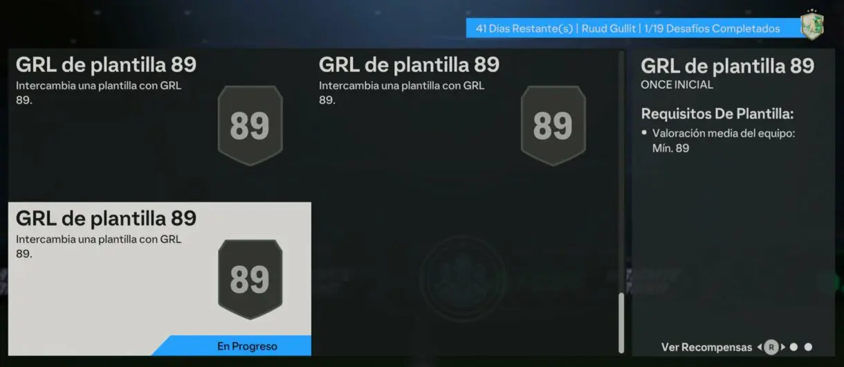 Interior del SBC de Gullit Winter Wildcards mostrando las plantillas de 89 EA Sports FC 24 Ultimate Team