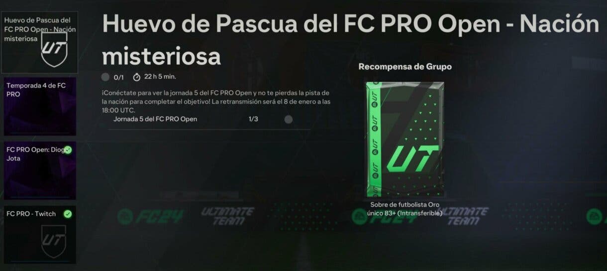 Menú objetivos mostrando el de Huevo de Pascua del FC PRO OPEN - Nación misteriosa con el progreso en 1/3 EA Sports FC 24 Ultimate Team