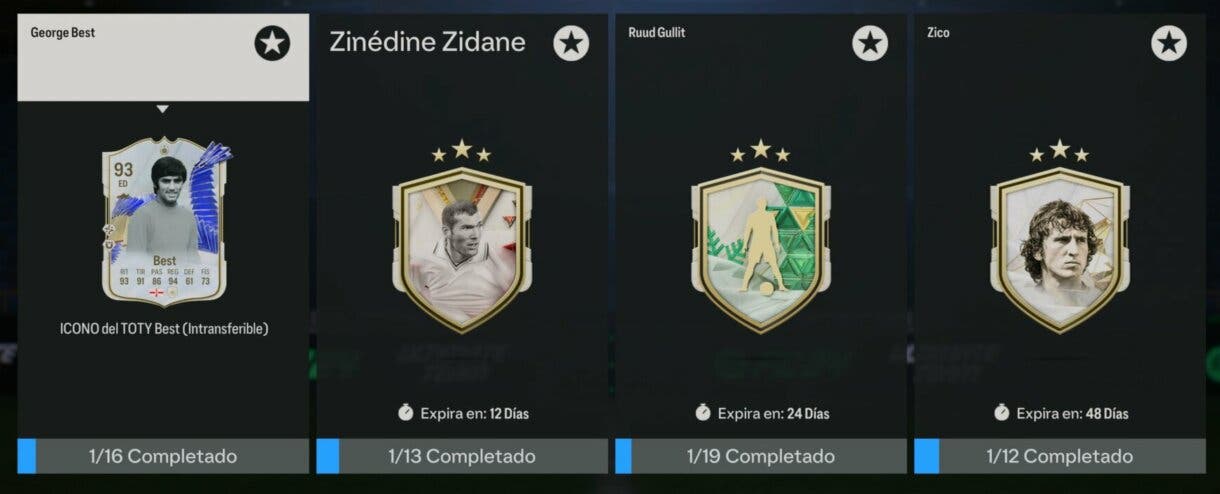Apartado SBCs favoritos mostrando los de Best Icono del TOTY, Zidane Ultimate Dynasties, Gullit Winter Wildcards y Zico Icono básico EA Sports FC 24 Ultimate Team