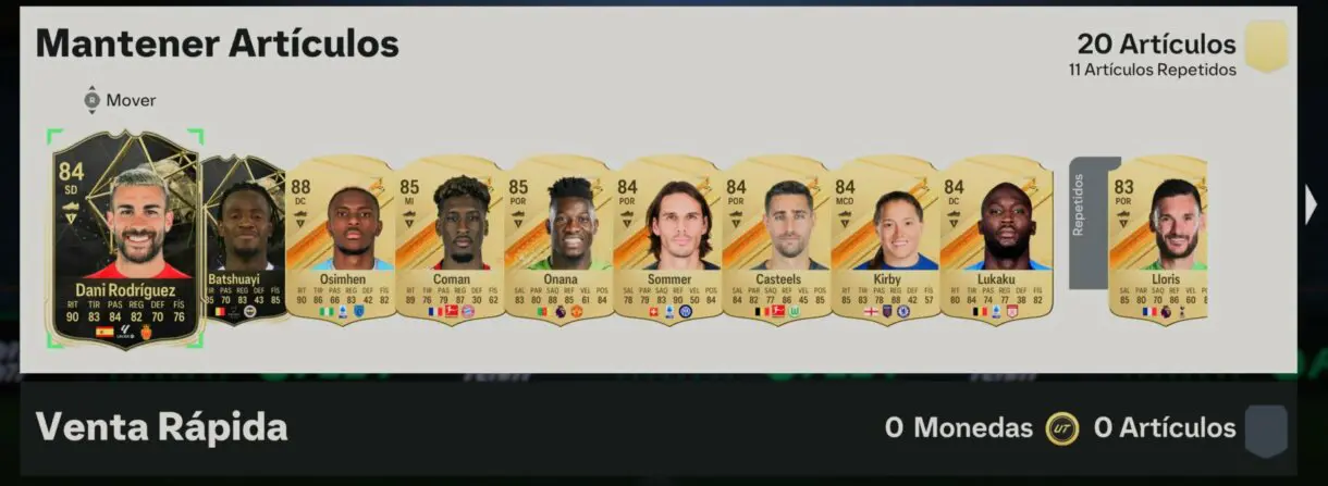 Artículos sin asignar tras abrir sobre con los IFs de Dani Rodríguez y Batshuayi junto a los Oros de Osimhen, Coman, Onana, Sommer, Casteels, Kirby, Lukaku y Lloris EA Sports FC 24 Ultimate Team