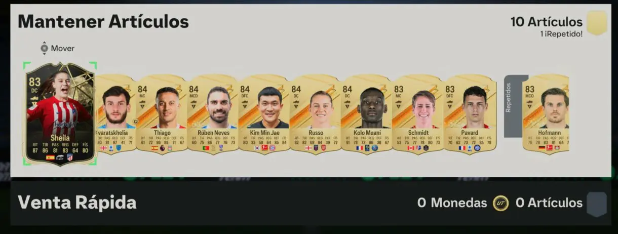Cartas sin asignar IF Sheila y Oros Kvaratskhelia, Thiago, Rúben Neves, Kim Min Jae, Russo, Kolo Muani, Schmidt, Pavard y Hofmann EA Sports FC 24 Ultimate Team