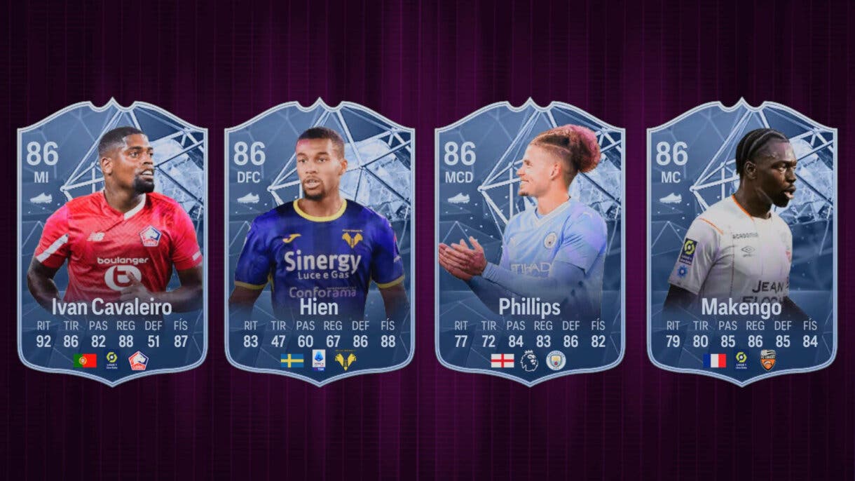 Cartas FC PRO LIVE actuales de Ivan Cavaleiro, Hien, Phillips y Makengo en EA Sports FC 24 Ultimate Team