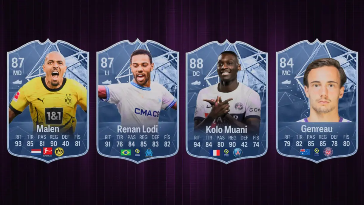 Cartas FC PRO LIVE actuales de Malen, Lodi, Kolo Muani y Genreau en EA Sports FC 24 Ultimate Team