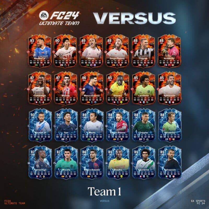 Diseño con todas las cartas del primer equipo FC Versus de EA Sports FC 24 Ultimate Team