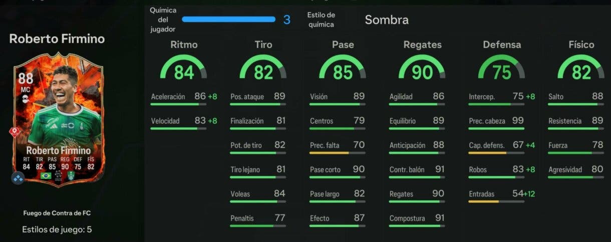Stats in game Firmino Fuego de Contra de FC EA Sports FC 24 Ultimate Team