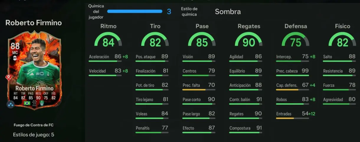 Stats in game Firmino Fuego de Contra de FC EA Sports FC 24 Ultimate Team