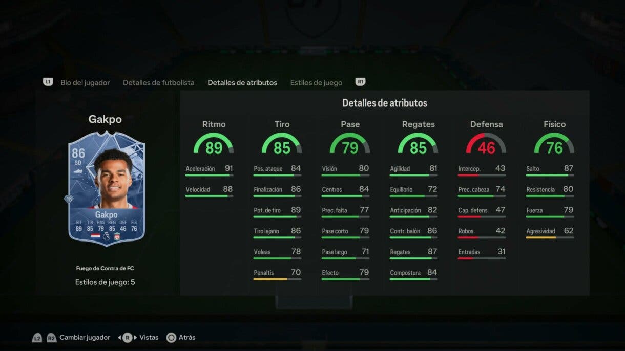 Stats in game Gakpo Fuego de Contra de FC EA Sports FC 24 Ultimate Team