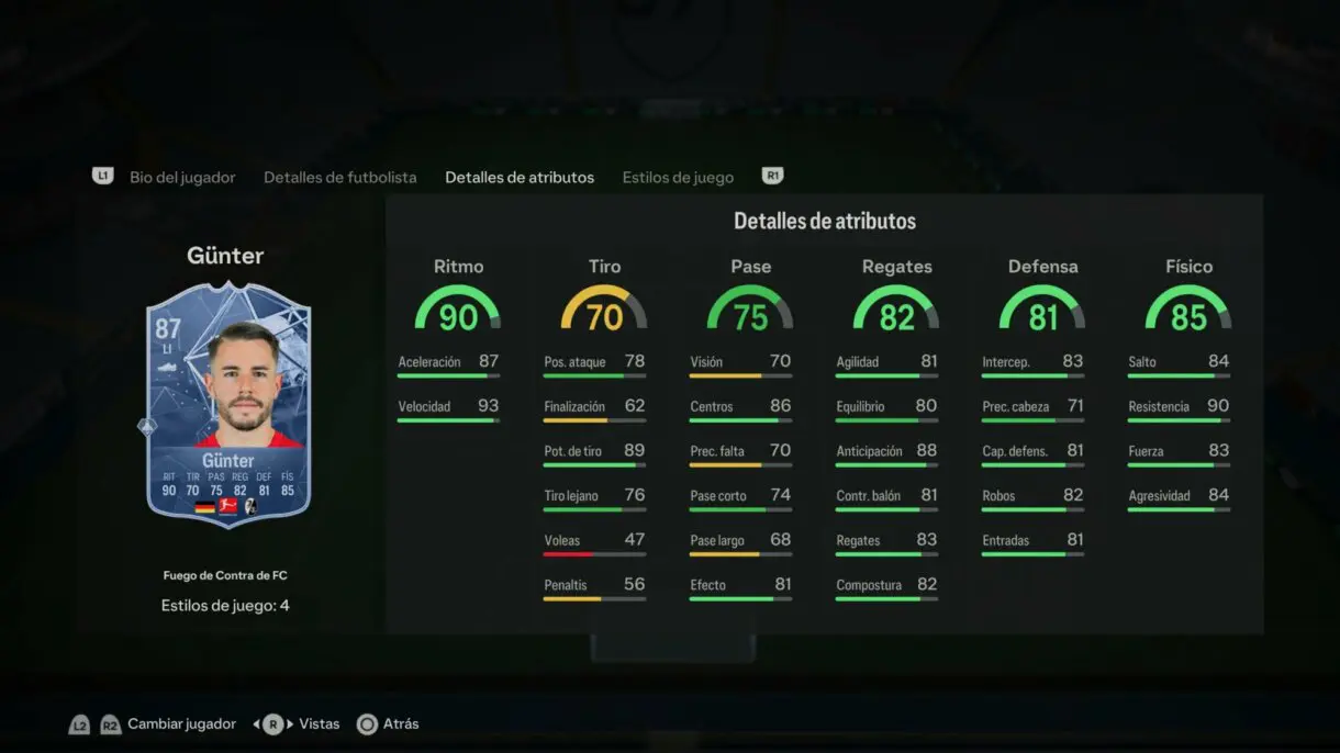 Stats in game Günter Fuego de Contra de FC EA Sports FC 24 Ultimate Team