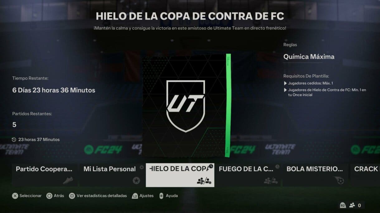 Menú amistosos online mostranod la información de Hielo de la Copa de Contra de FC EA Sports FC 24 Ultimate Team
