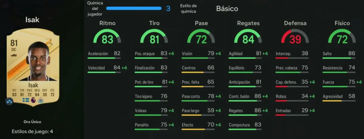 Stats in game Isak oro EA Sports FC 24 Ultimate Team