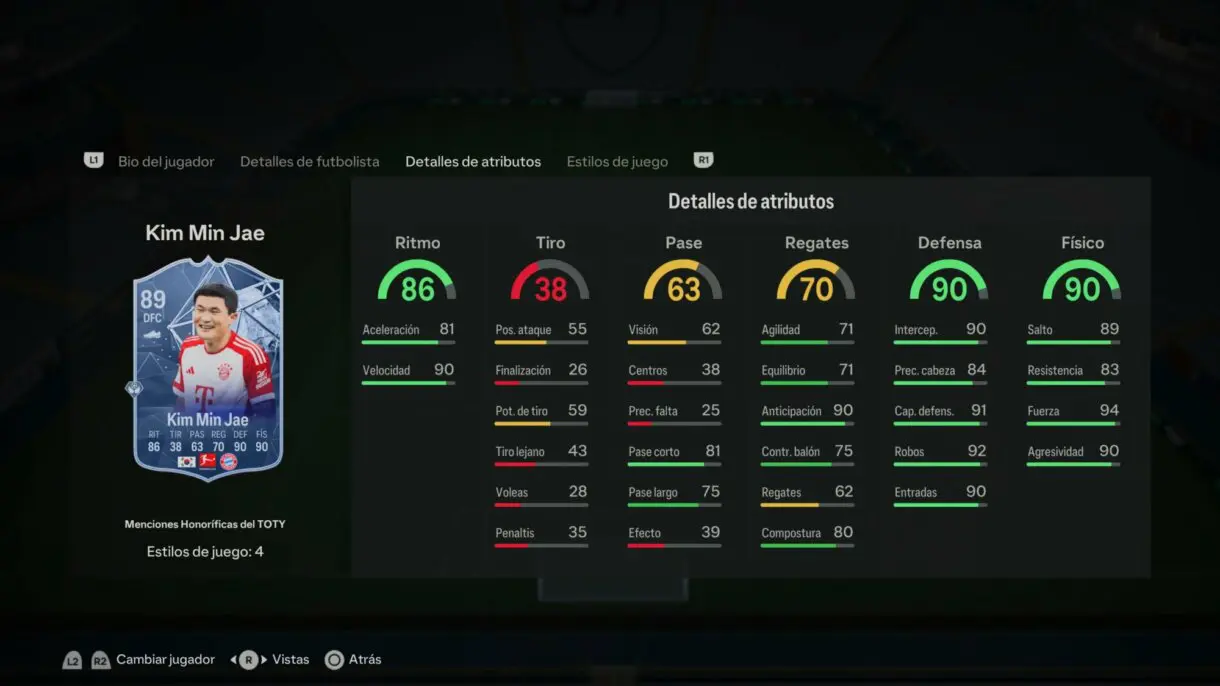 Stats in game Kim Min Jae Menciones Honoríficas EA Sports FC 24 Ultimate Team