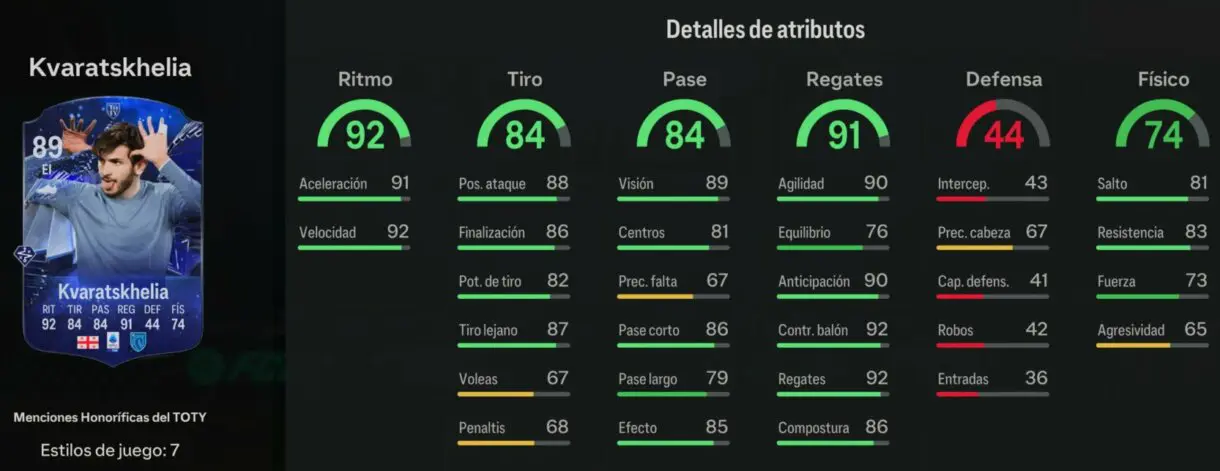 Stats in game Kvaratskhelia Menciones Honoríficas EA Sports FC 24 Ultimate Team