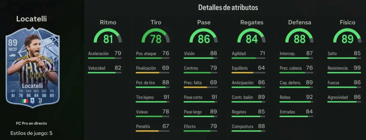 Stats in game Locatelli FC Pro Live 89 EA Sports FC 24 Ultimate Team