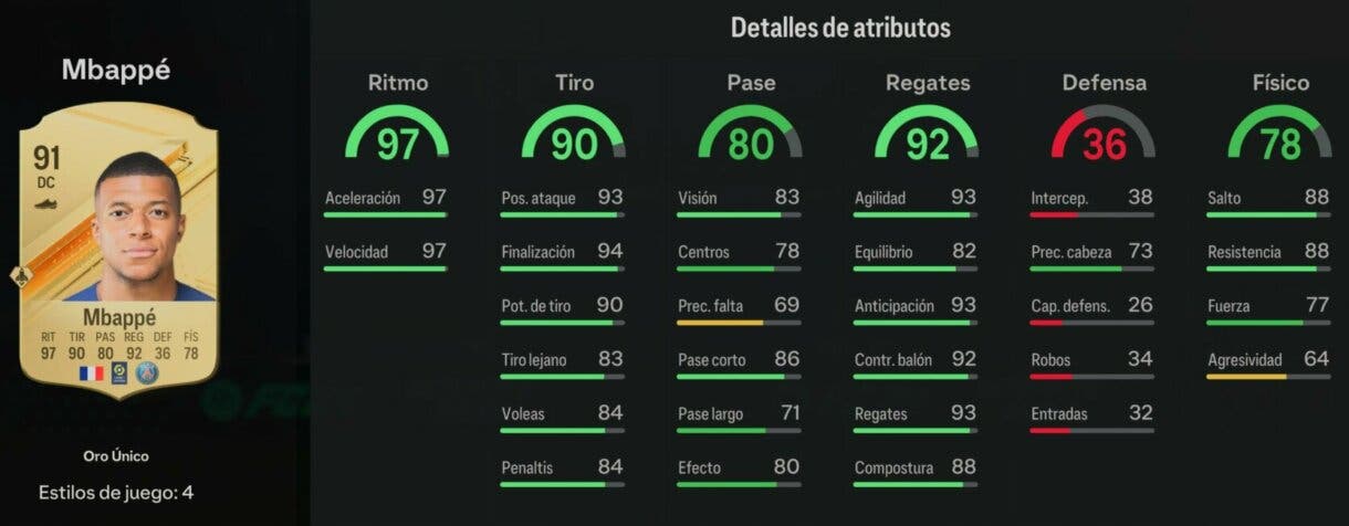 Stats in game Mbappé oro EA Sports FC 24 Ultimate Team