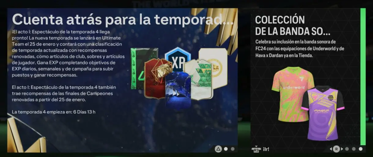 Mensaje cuenta atrás para la temporada 4 desde el menú general de EA Sports FC 24 Ultimate Team