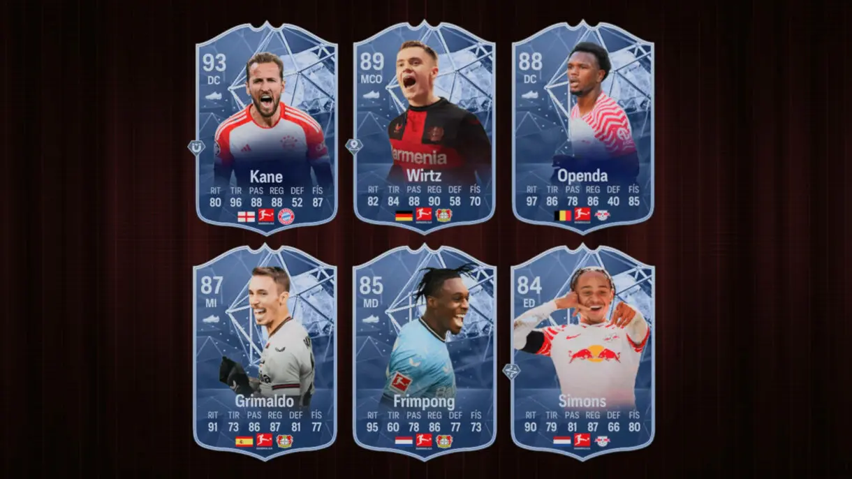 Diseño con las cartas (como conceptuales) de Kane TOTGS, Grimaldo SIF, Frimpong IF, Wirtz Ultimate Dynasties, Simons Trailblazers y Openda RTTK EA Sports FC 24 Ultimate Team