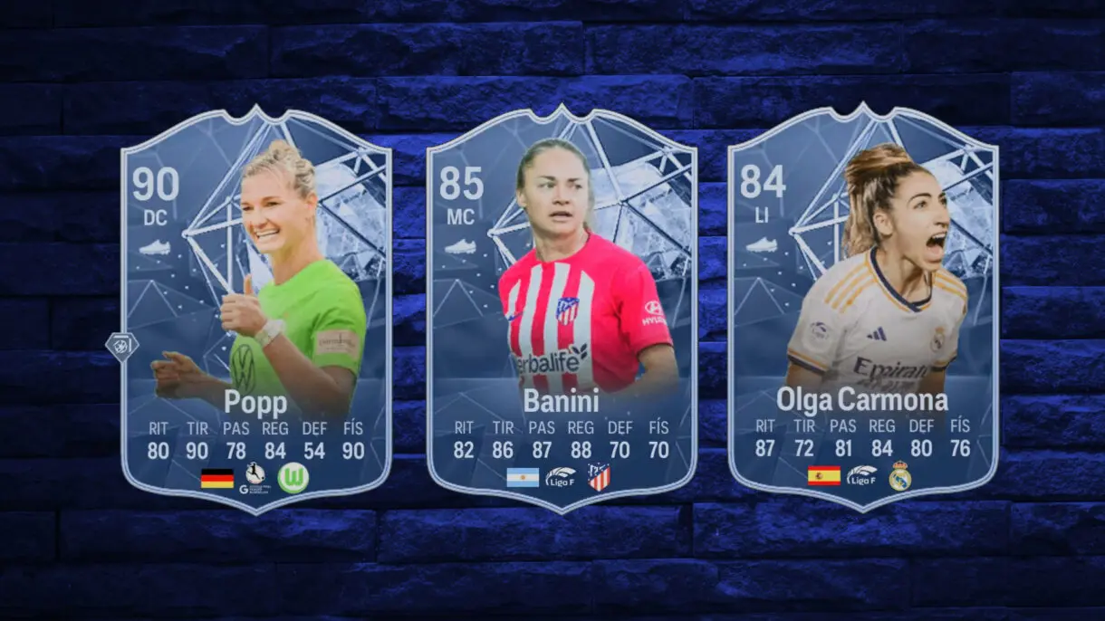 Diseño con las cartas de Popp Centuriones, Banini Fundaciones de plantilla y Olga Carmona Centuriones en EA Sports FC 24 Ultimate Team