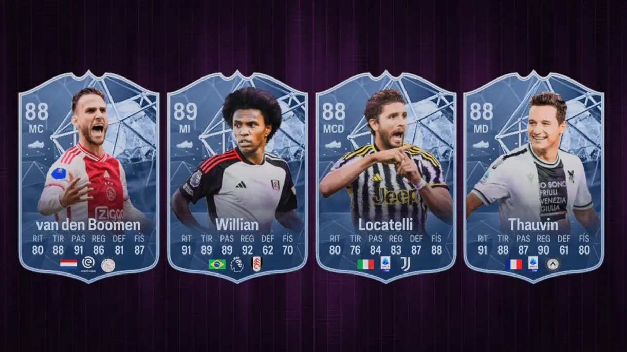 Cartas FC PRO LIVE actuales de van den Boomen, Willian, Locatelli y Thauvin en EA Sports FC 24 Ultimate Team