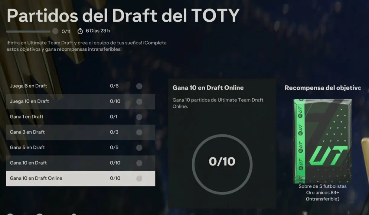 Objetivos Partido del Draft del TOTY mostrando Gana 10 en Draft Online EA Sports FC 24 Ultimate Team