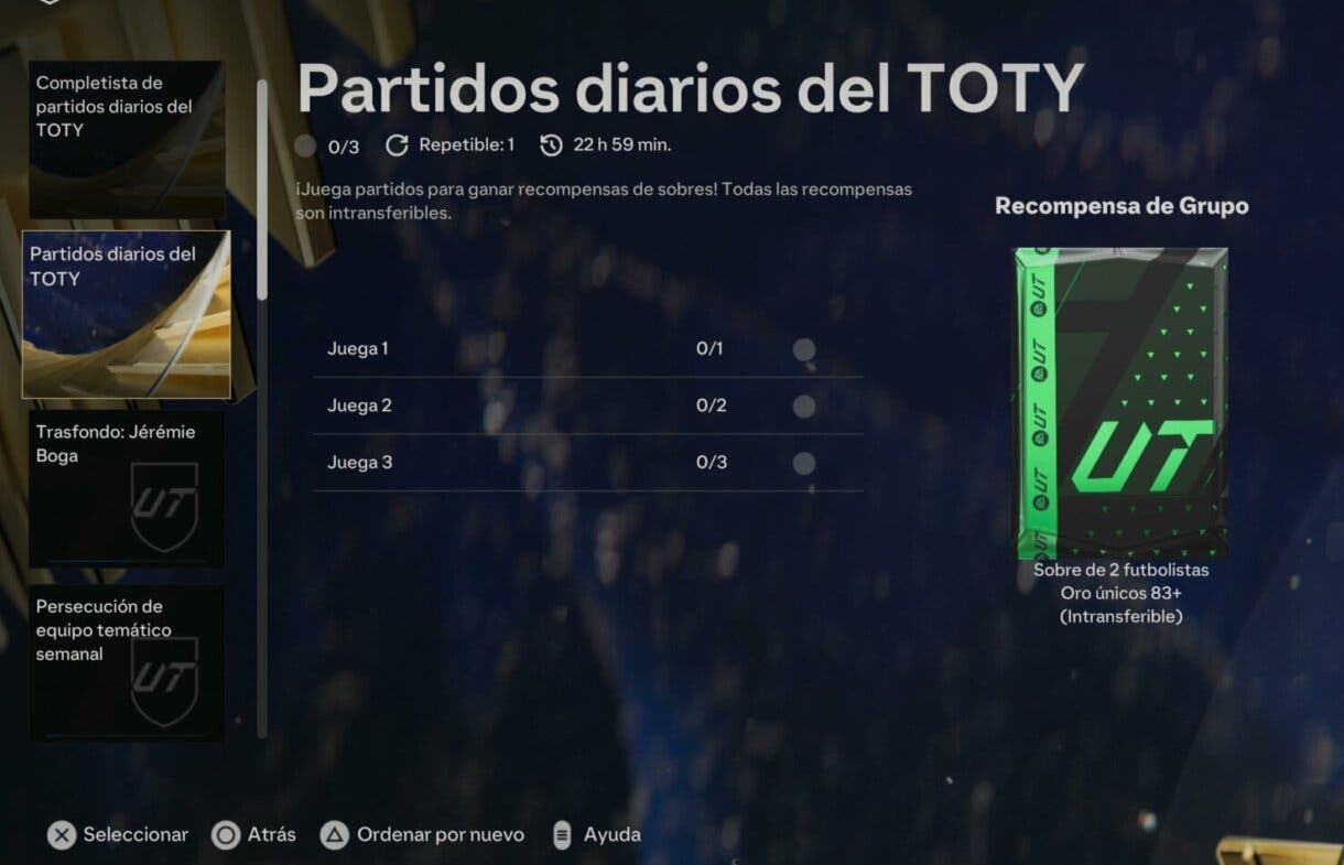 Grupo de objetivos "Partidos diarios del TOTY" desde el menú EA Sports FC 24 Ultimate Team