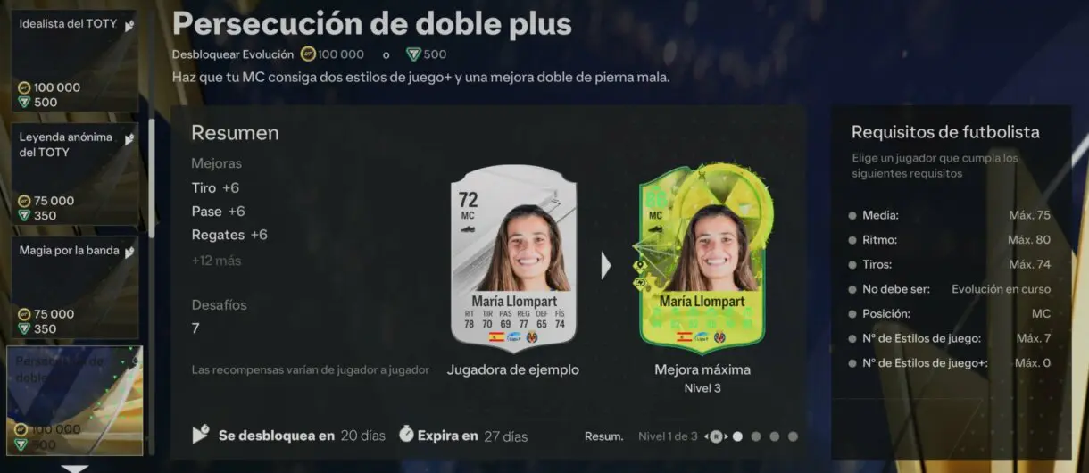 Información general Persecución de doble plus desde el menú de Evoluciones EA Sports FC 24 Ultimate Team