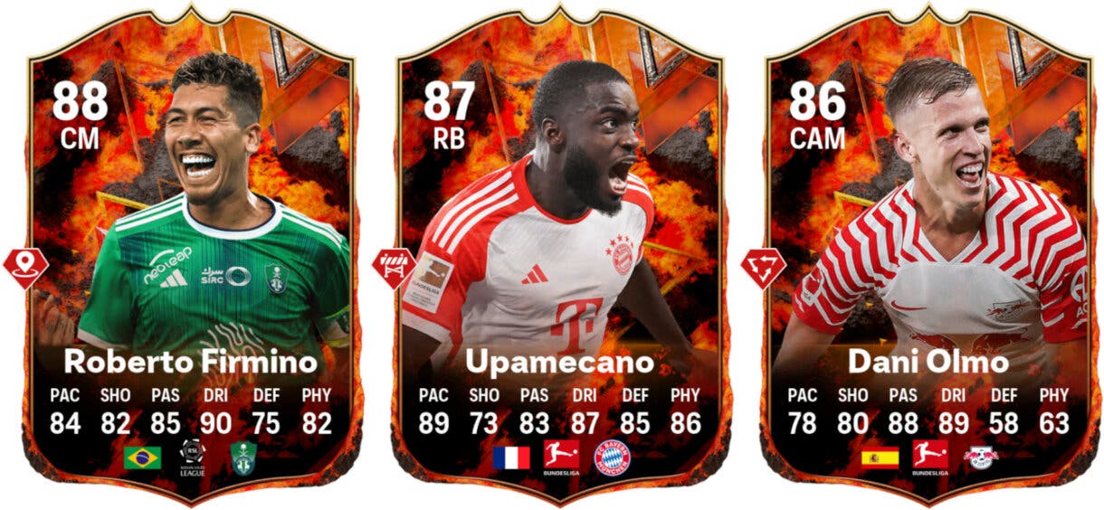 Cartas FC Versus de Fuego de Firmino, Upamecano y Dani Olmo para EA Sports FC 24 Ultimate Team