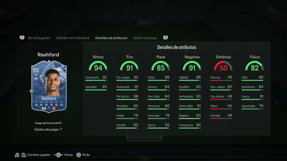 Stats in game Rashford Fuego de Contra de FC EA Sports FC 24 Ultimate Team