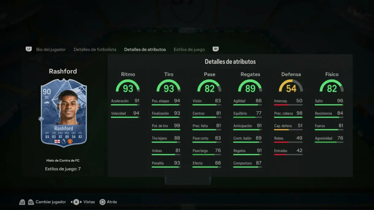 Stats in game Rashford Hielo de Contra de FC EA Sports FC 24 Ultimate Team