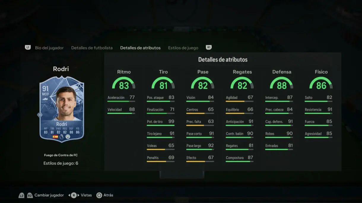 Stats in game Rodri Fuego de Contra de FC EA Sports FC 24 Ultimate Team