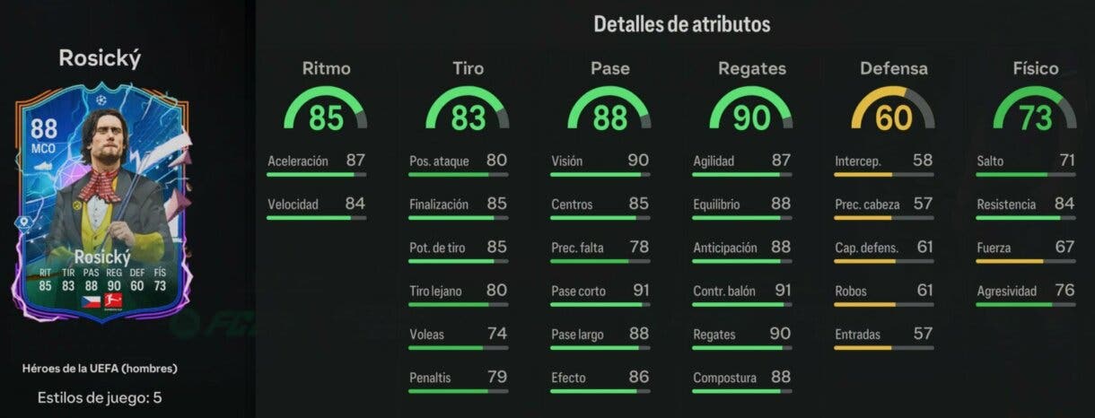 Stats in game Rosicky Héroe de la UEFA EA Sports FC 24 Ultimate Team