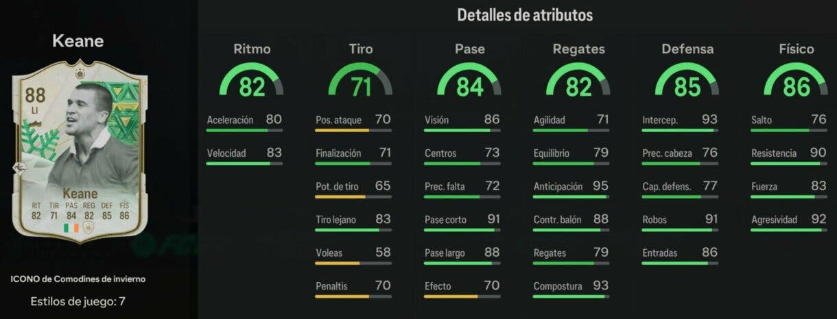 Stats in game Roy Keane Icono Winter Wildcards EA Sports FC 24 Ultimate Team