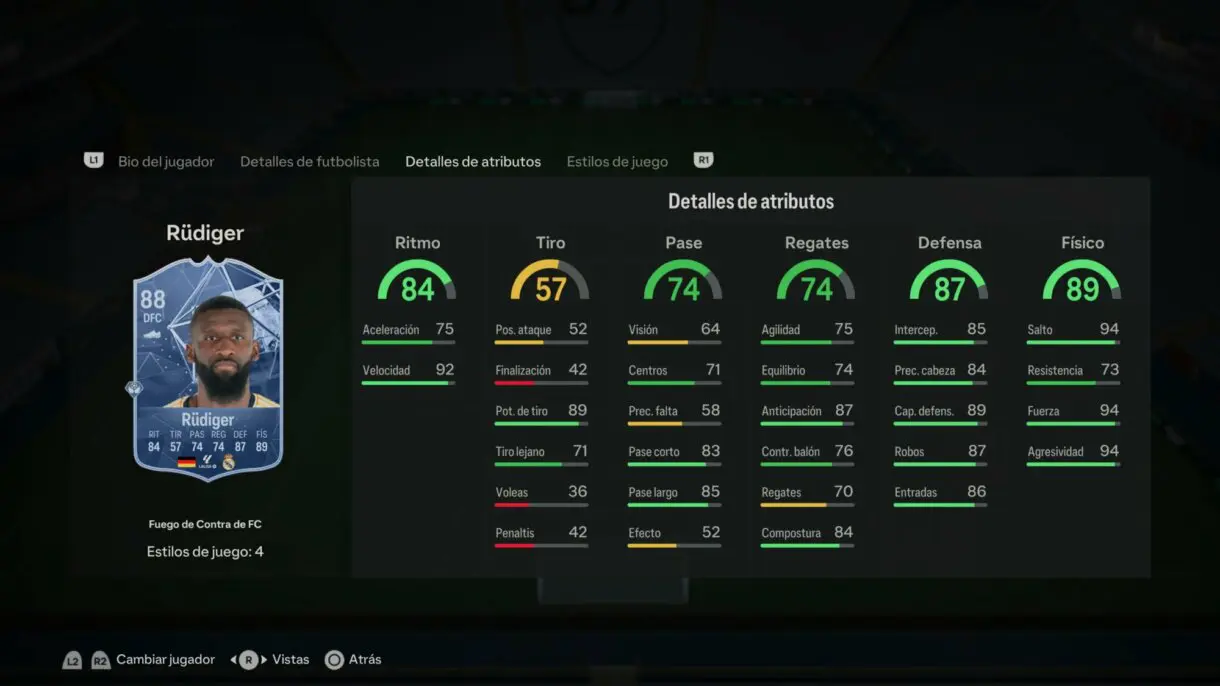 Stats in game Rüdiger Fuego de Contra de FC EA Sports FC 24 Ultimate Team
