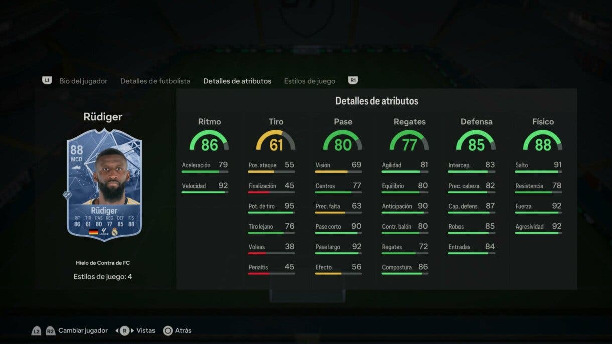 Stats in game Rüdiger Hielo de Contra de FC EA Sports FC 24 Ultimate Team