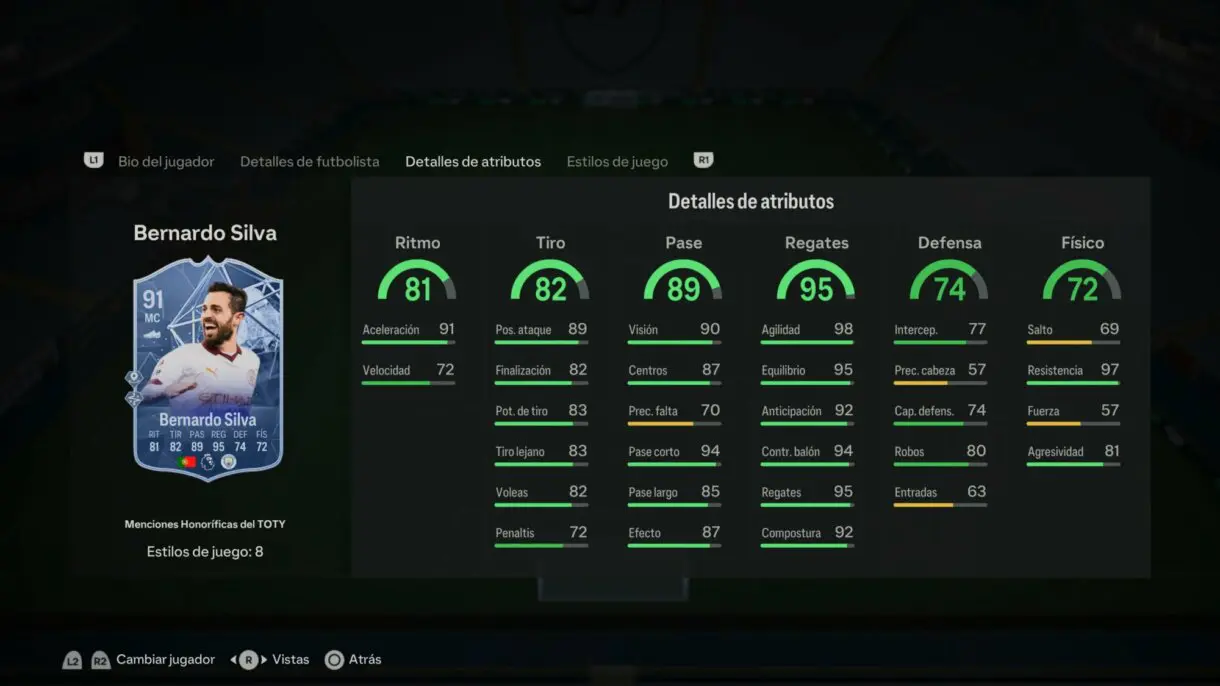 Stats in game Bernardo Silva Menciones Honoríficas EA Sports FC 24 Ultimate Team