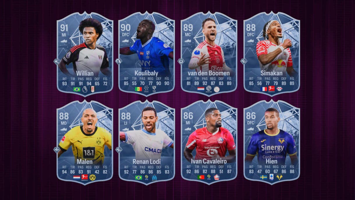 Cartas FC PRO LIVE actuales de Willian, Koulibaly, van den Boomen, Simakan, Malen, Lodi, Cavaleiro e Hien en EA Sports FC 24 Ultimate Team