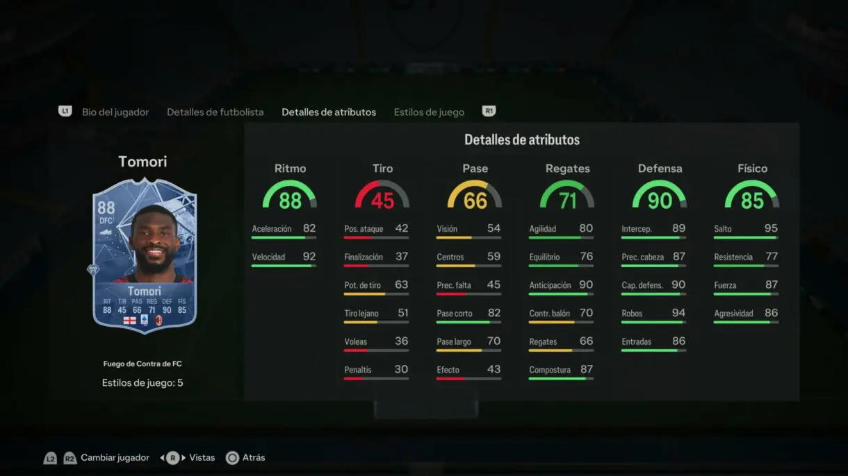 Stats in game Tomori Fuego de Contra de FC EA Sports FC 24 Ultimate Team