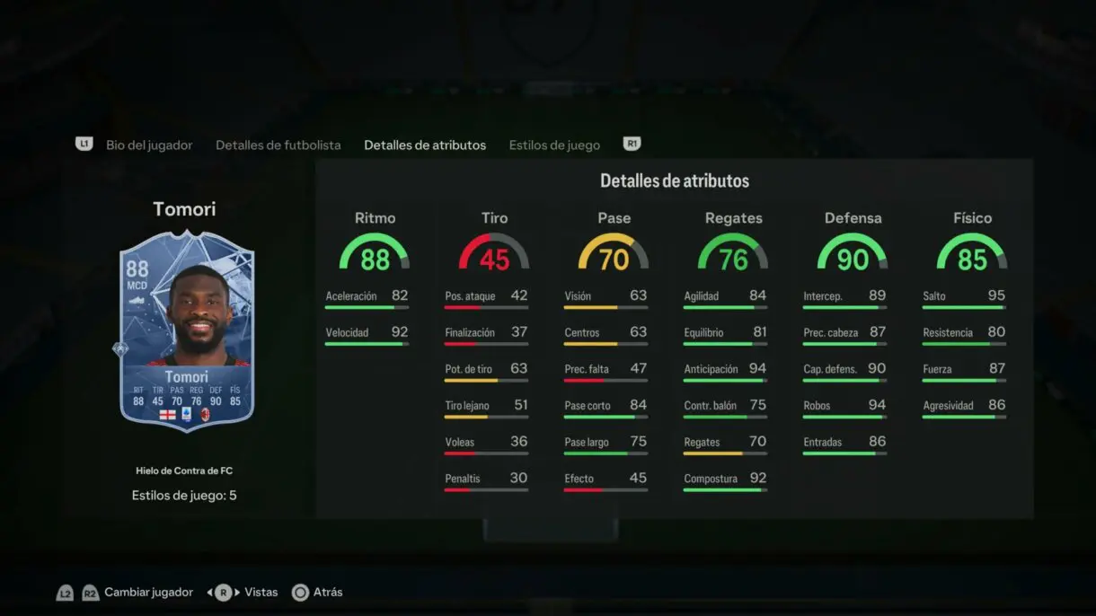 Stats in game Tomori Hielo de Contra de FC EA Sports FC 24 Ultimate Team