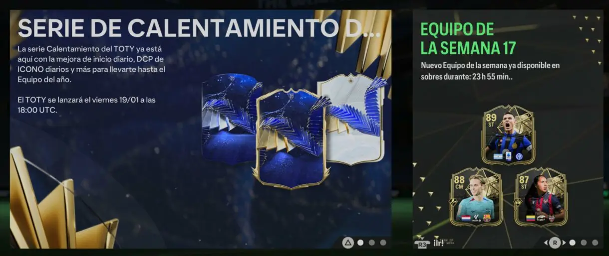 Menú general EA Sports FC 24 Ultimate Team con mensaje sobre la serie de calentamiento del TOTY