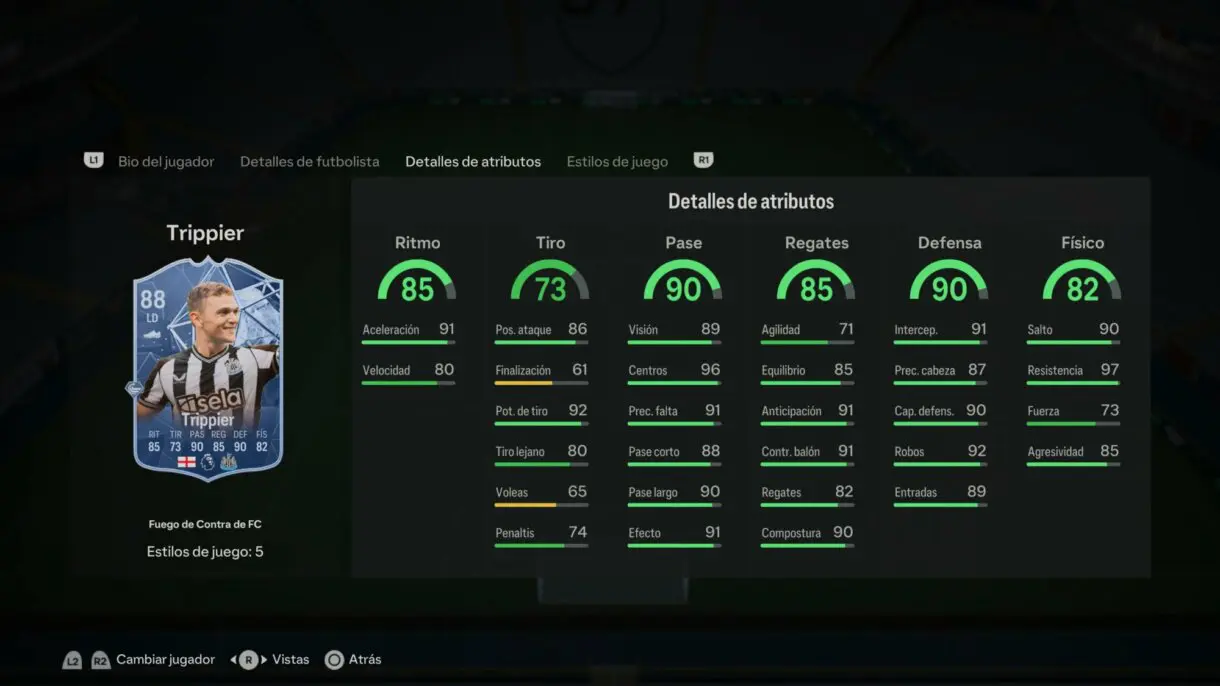 Stats in game Trippier Fuego de Contra de FC EA Sports FC 24 Ultimate Team
