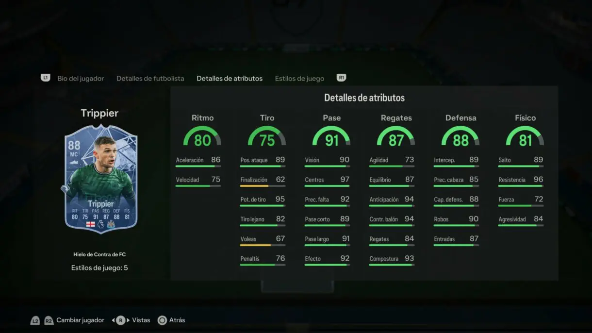 Stats in game Trippier Hielo de Contra de FC EA Sports FC 24 Ultimate Team