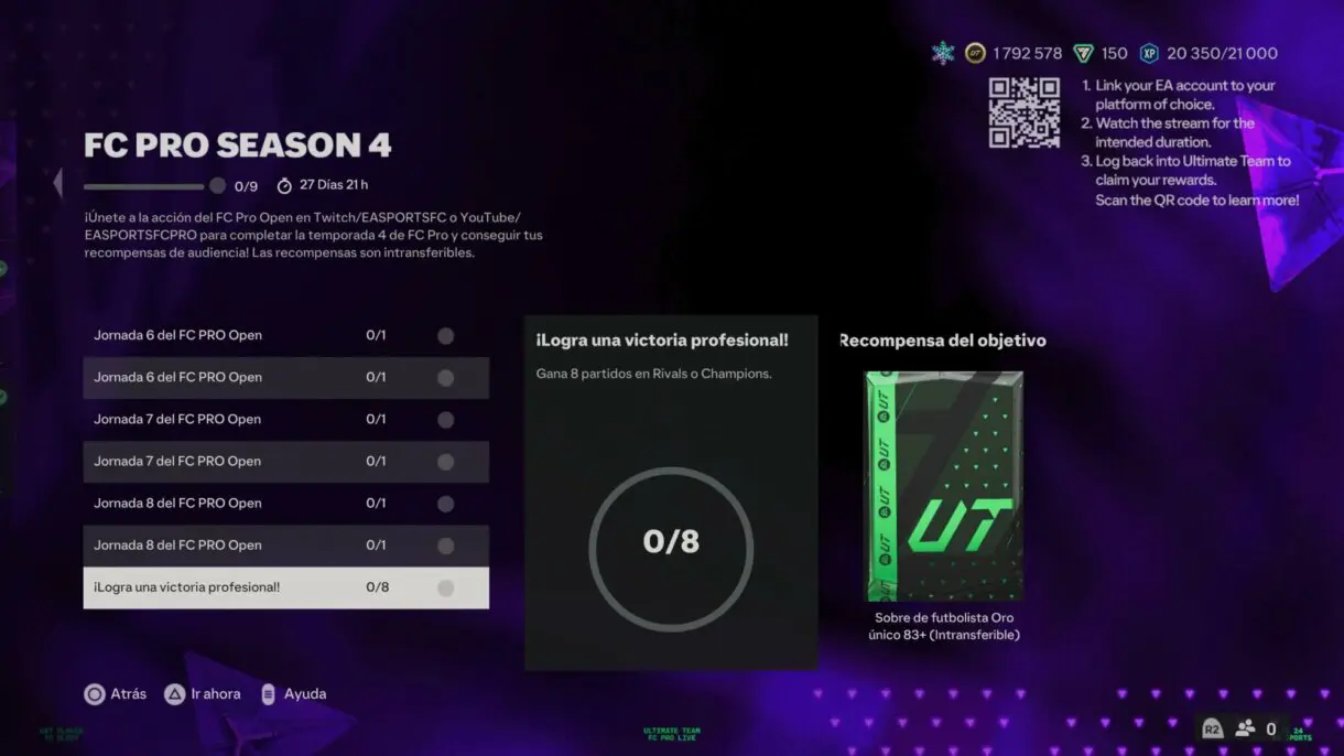 Menú objetivos mostrando la descripción de ¡Logra una victoria profesional! de FC PRO SEASON 4 EA Sports FC 24 Ultimate Team