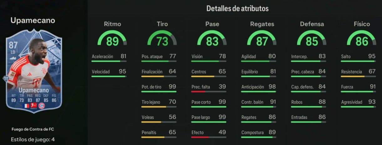 Stats in game Upamecano FC Versus de Fuego EA Sports FC 24 Ultimate Team